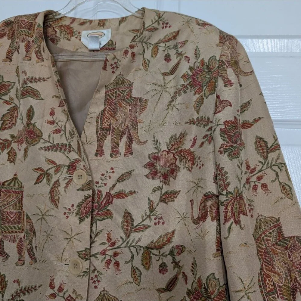 Talbots 100% Silk Elephant Floral Blazer Womens Size 10 Beige Lightweight Jacket